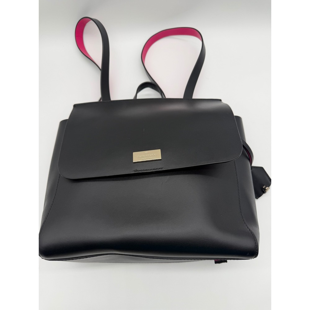 Kate Spade Black Leather Backpack Pink Interior Gold Logo Flap Bag